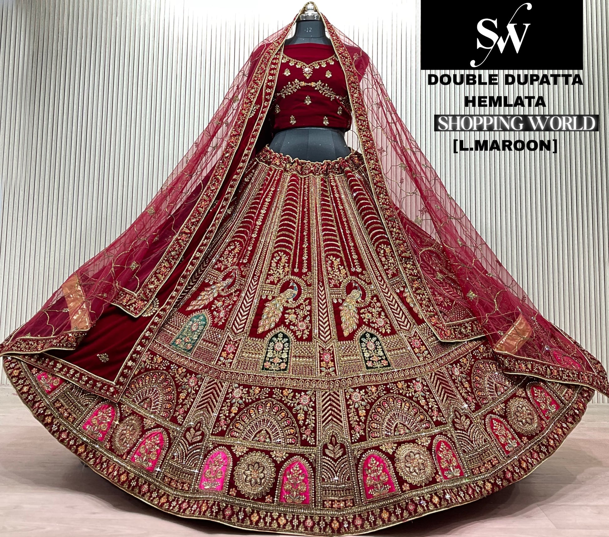Light Maroon Peacock Double Dupatta Bridal Lehenga - Shopping World