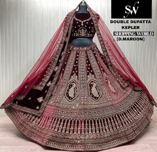 Dark Maroon Double Dupatta Peacock Bridal Lehenga
