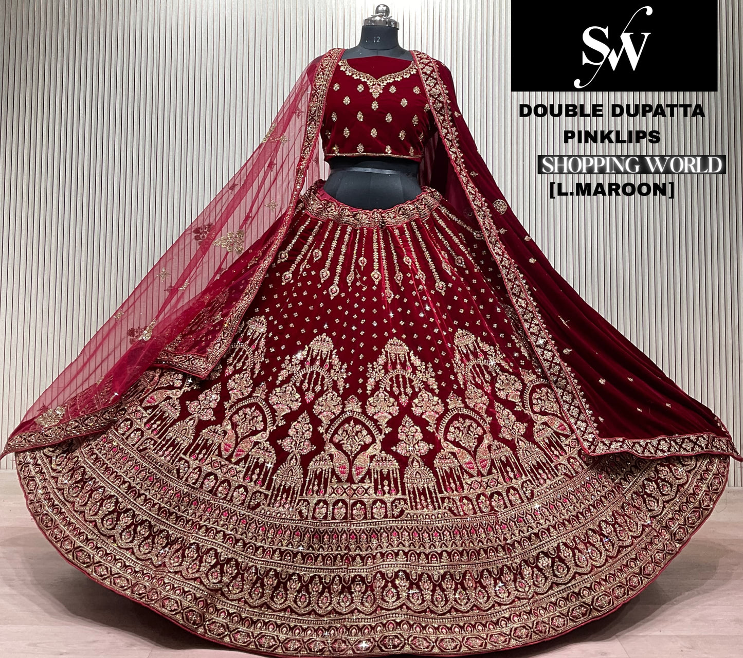 Light Maroon Double Dupatta Bridal Lehenga