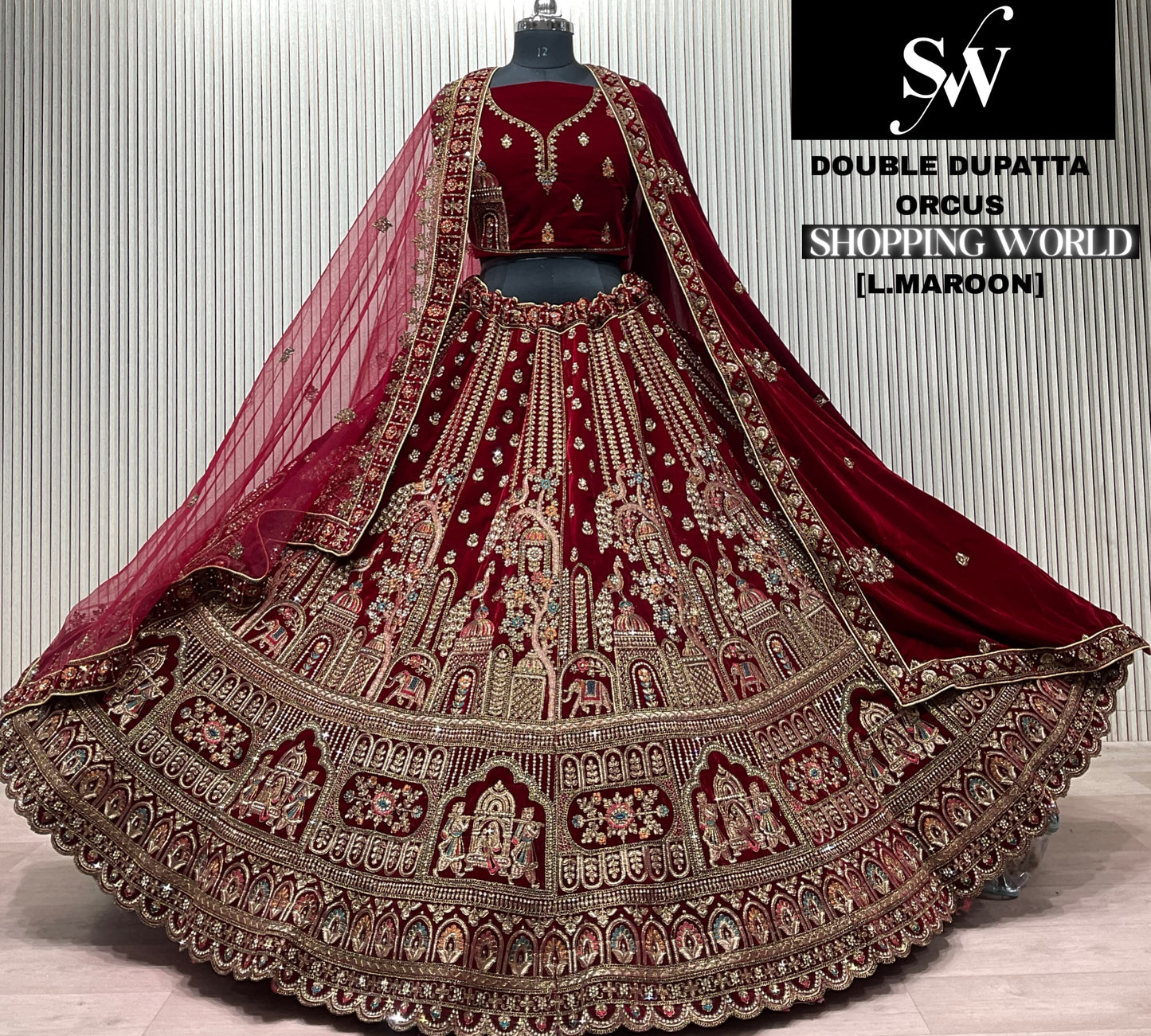 Light Maroon Peacock Double Dupatta Bridal Lehenga