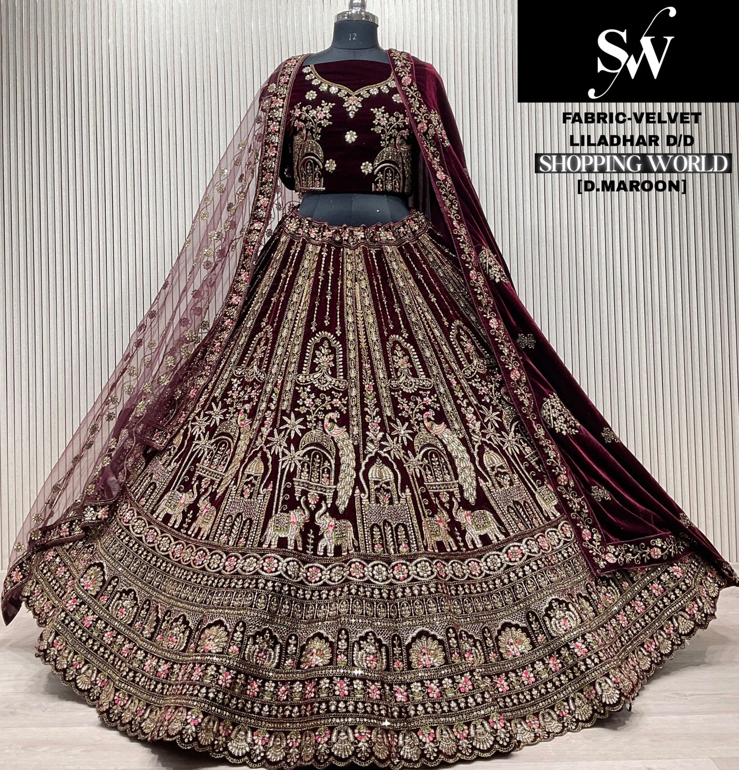Dark Maroon Velvet Peacock Bridal Lehenga