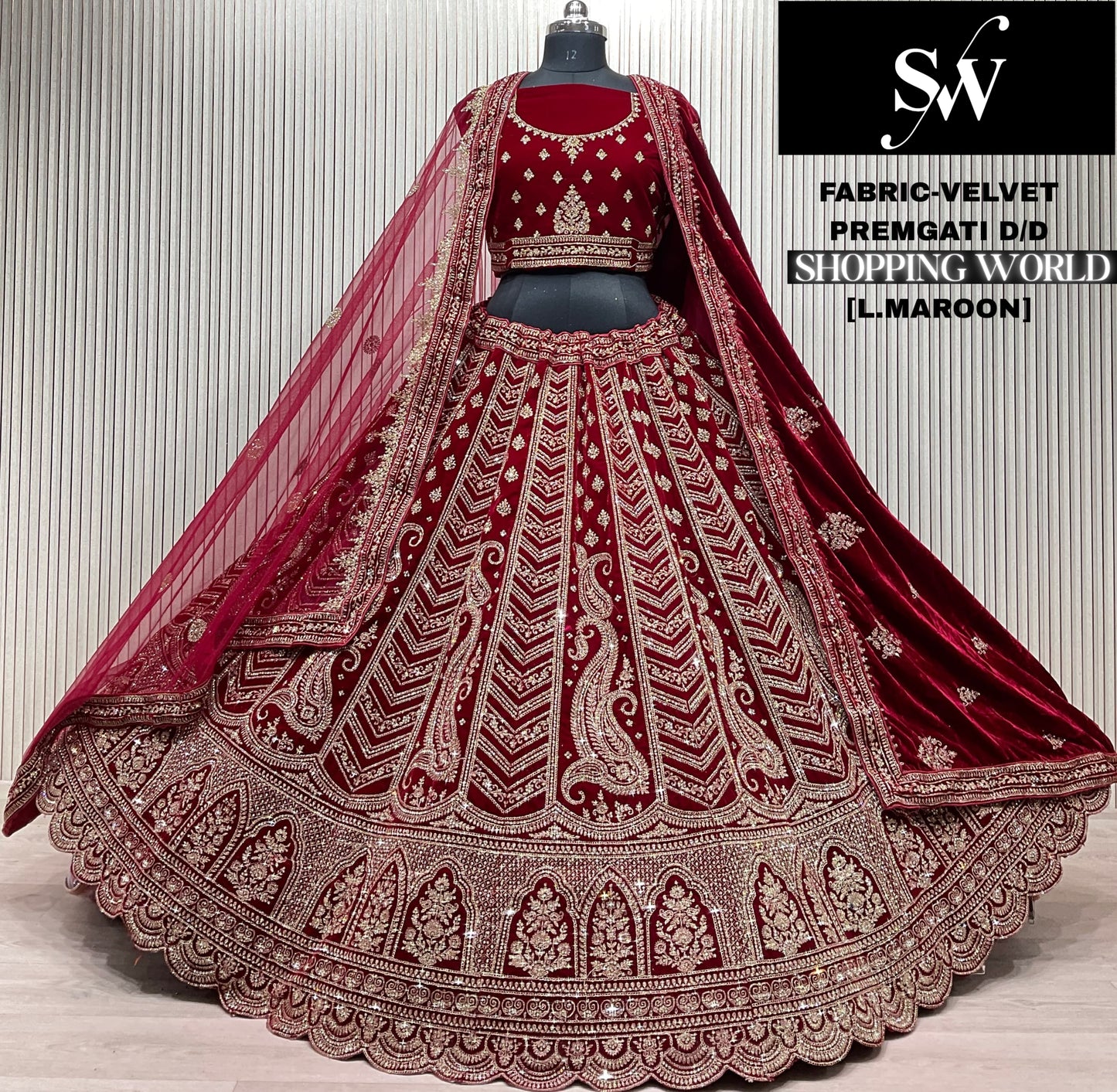 Light Maroon Velvet Peacock Bridal Lehenga