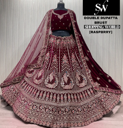 Dark Maroon peacock Double Dupatta Bridal Lehenga
