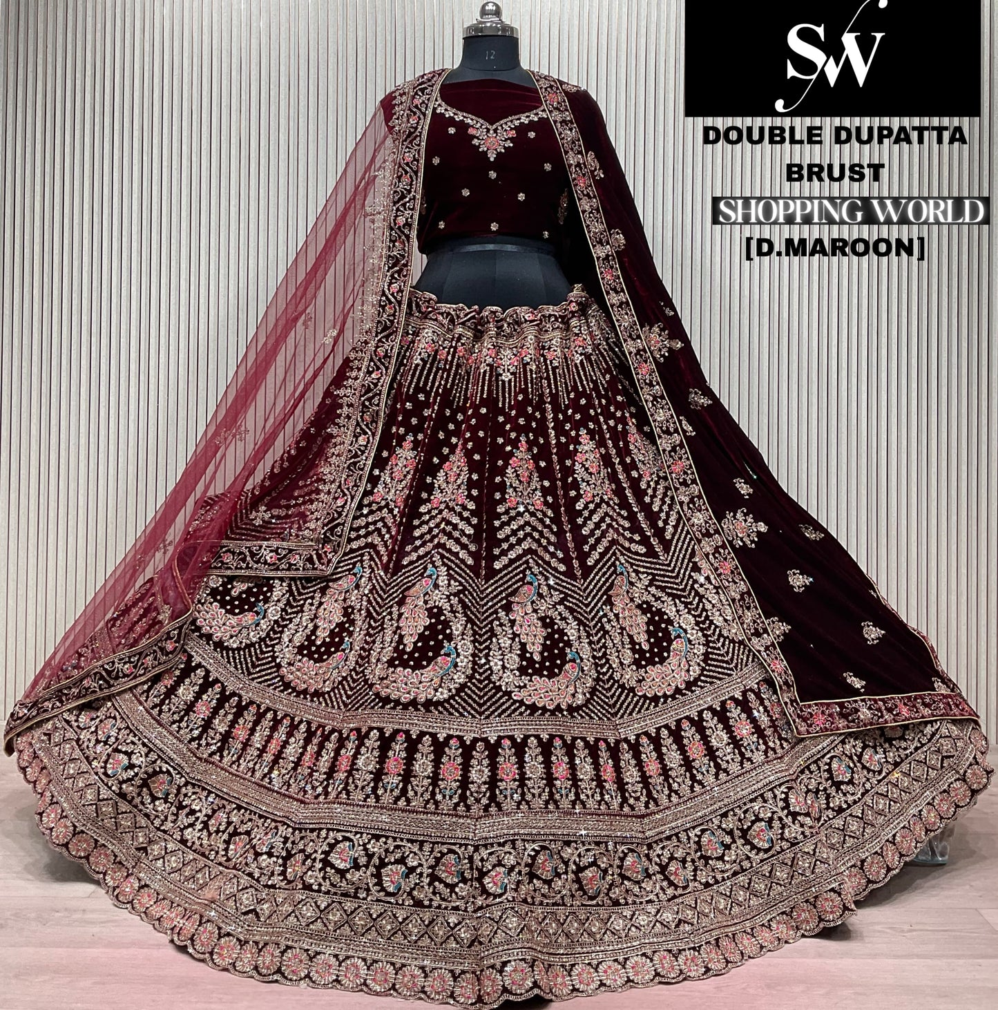 Dark Maroon peacock Double Dupatta Bridal Lehenga