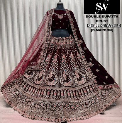 Dark Maroon peacock Double Dupatta Bridal Lehenga