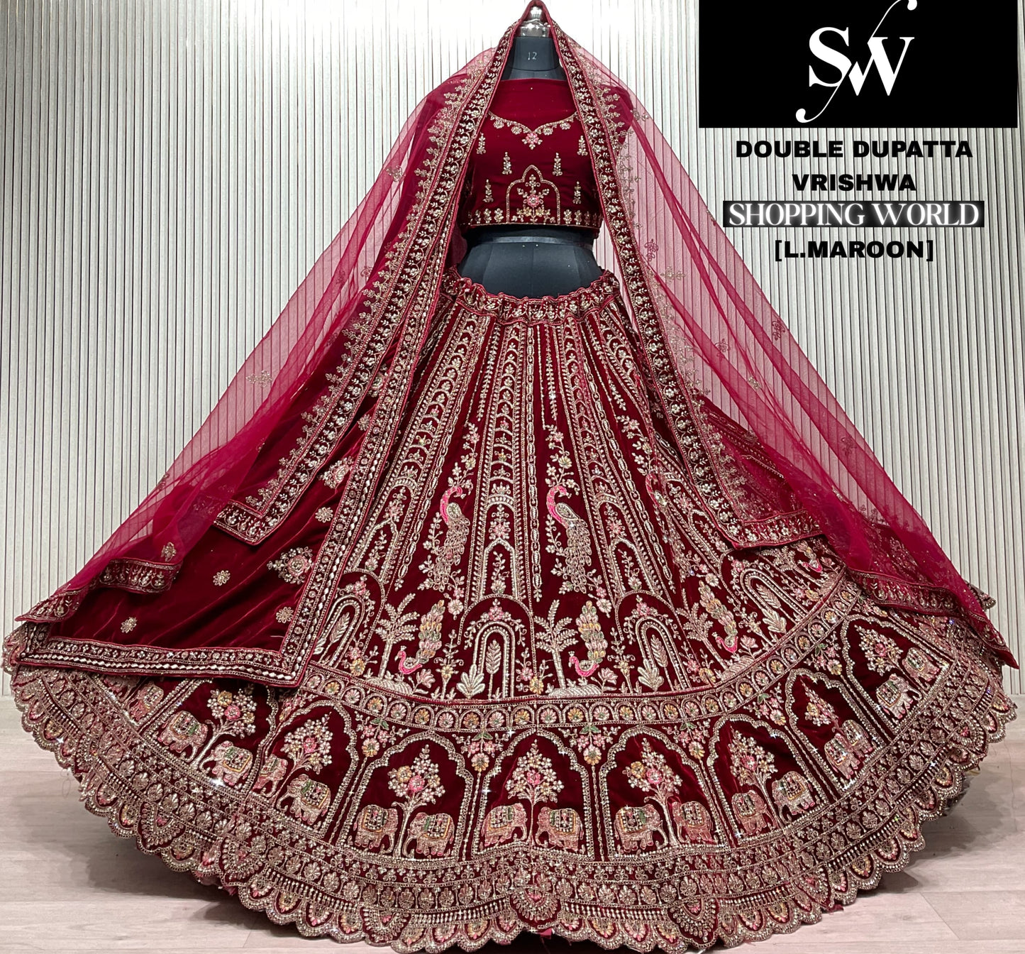 Light Maroon Double Dupatta Bridal Lehenga