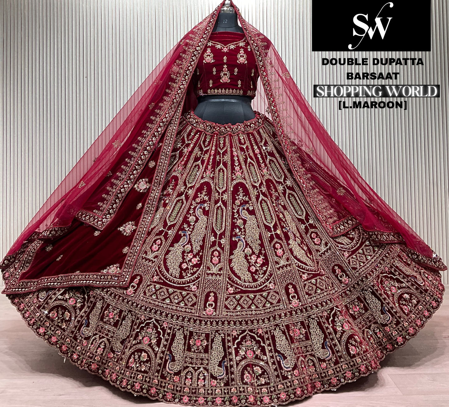Light Maroon Peacock Double Dupatta Bridal Lehenga