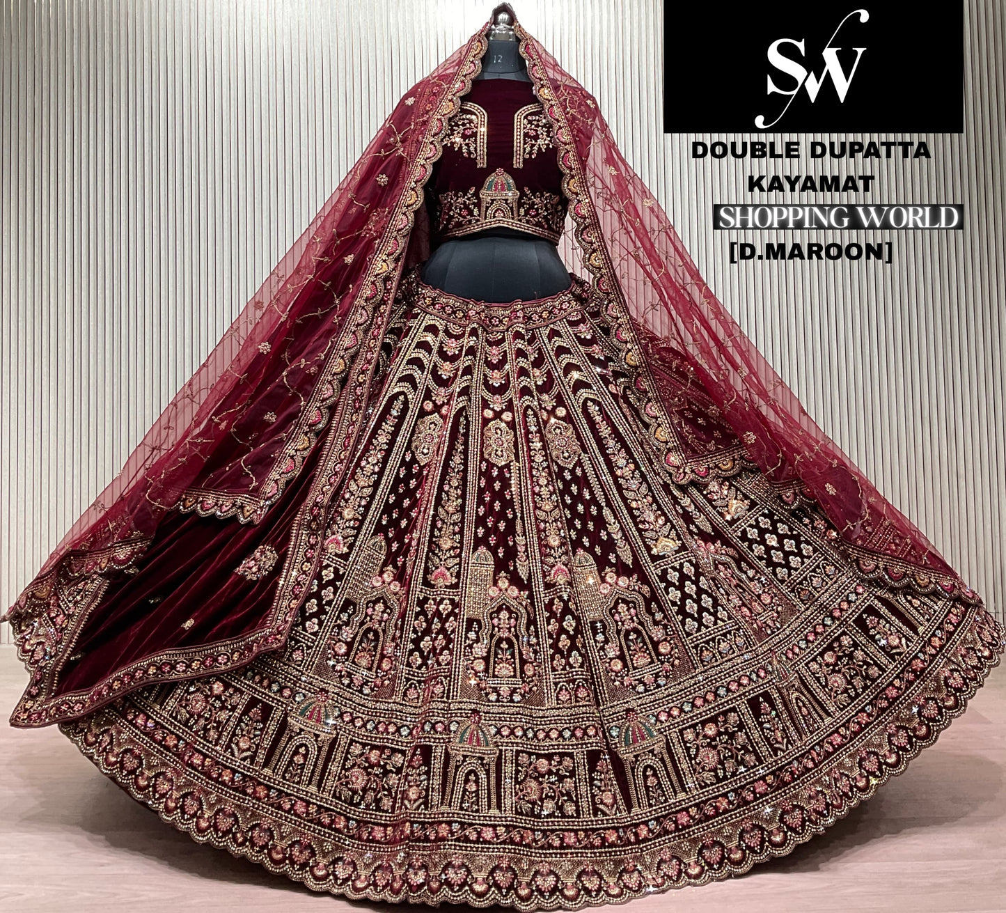 Dark Maroon Double Dupatta Bridal Lehenga