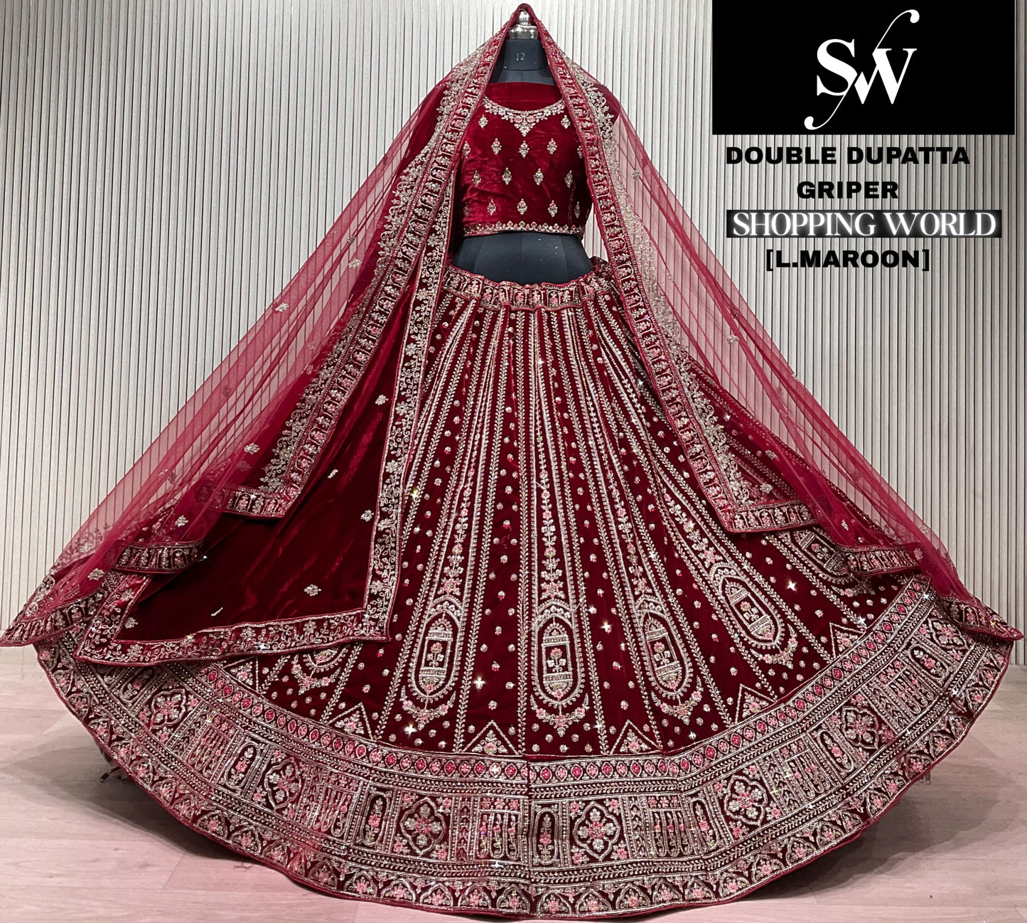 Light Maroon Double Dupatta Bridal Lehenga