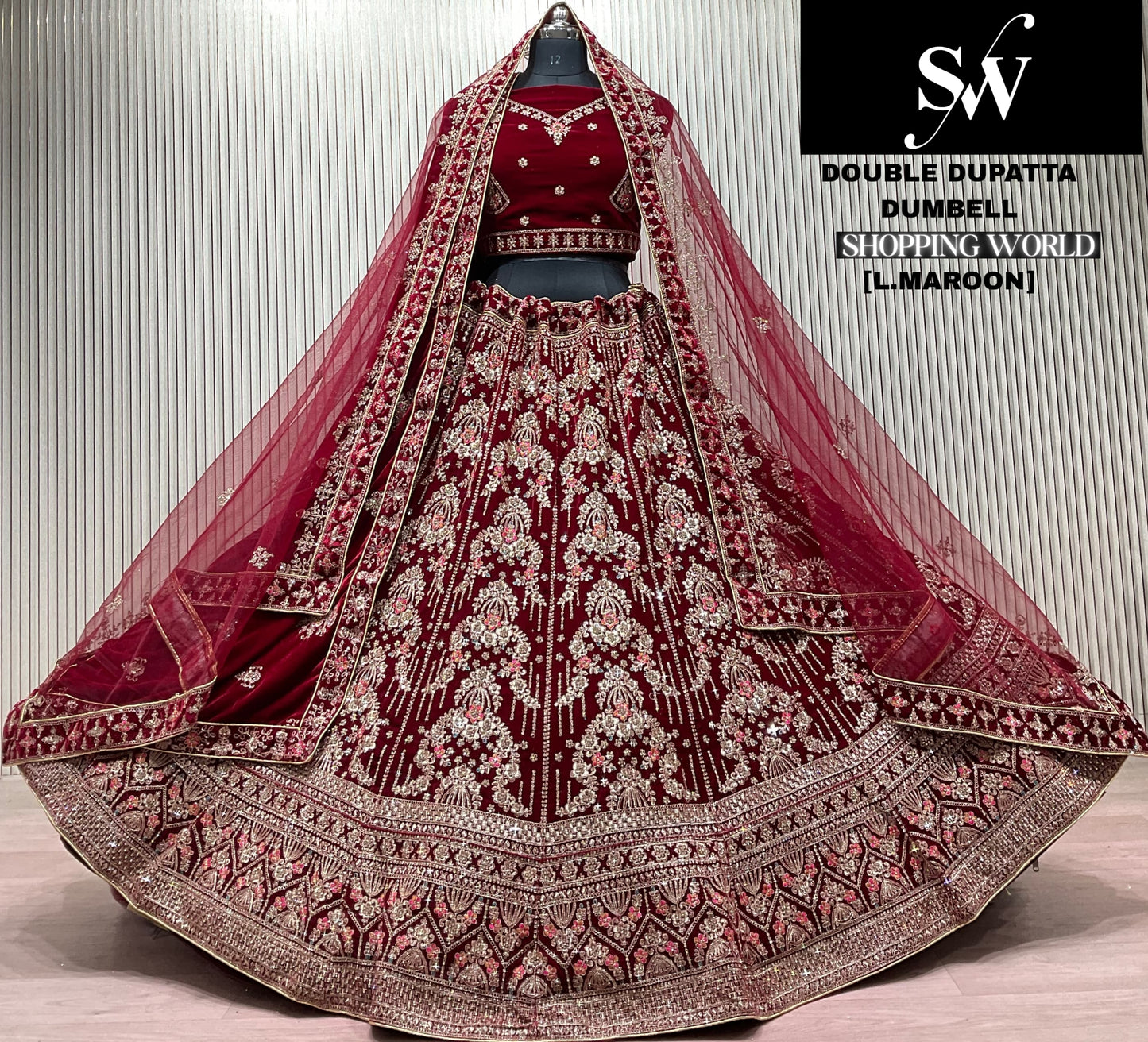 Light Maroon Double Dupatta Bridal Lehenga