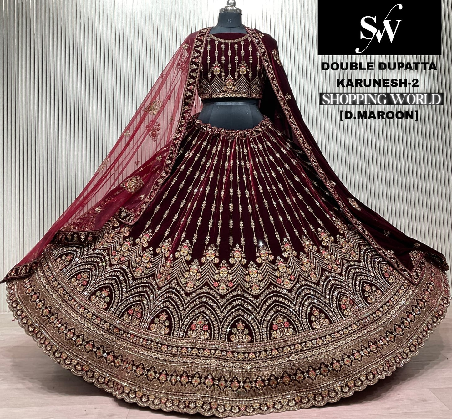 Dark Maroon Double Dupatta Bridal Lehenga