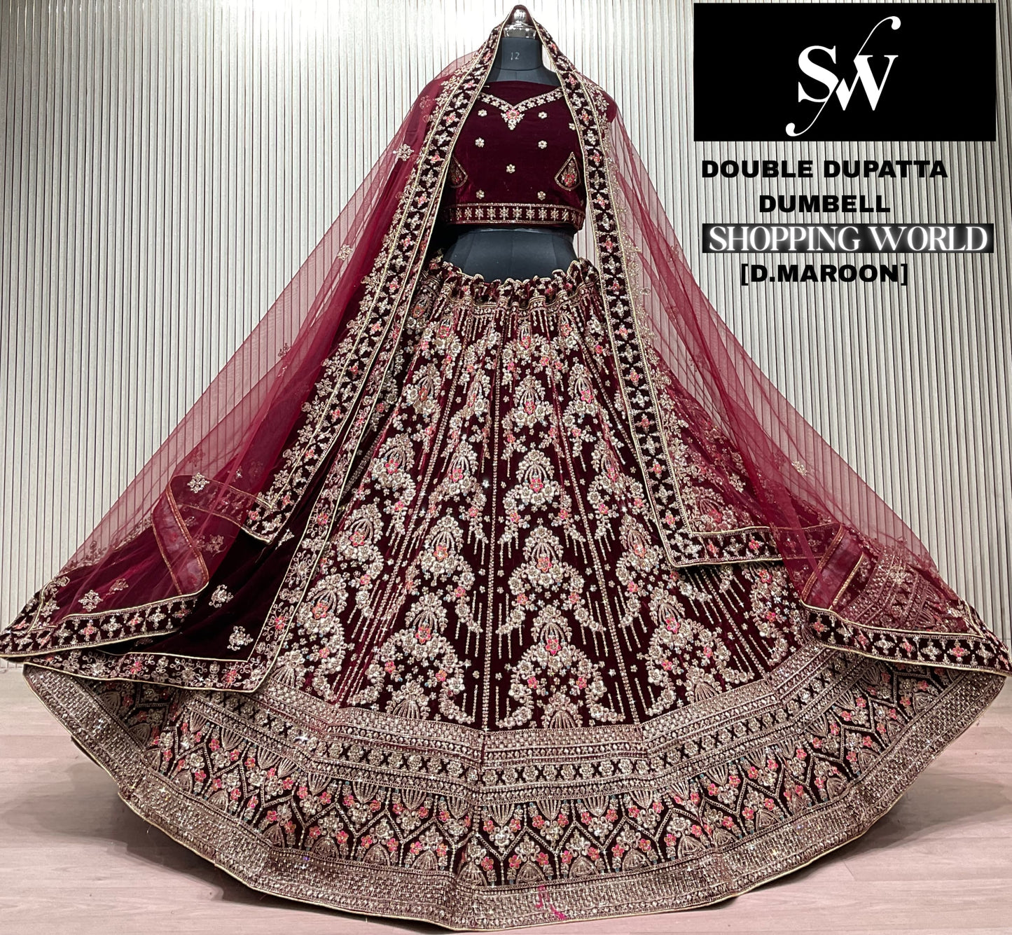 Light Maroon Double Dupatta Bridal Lehenga