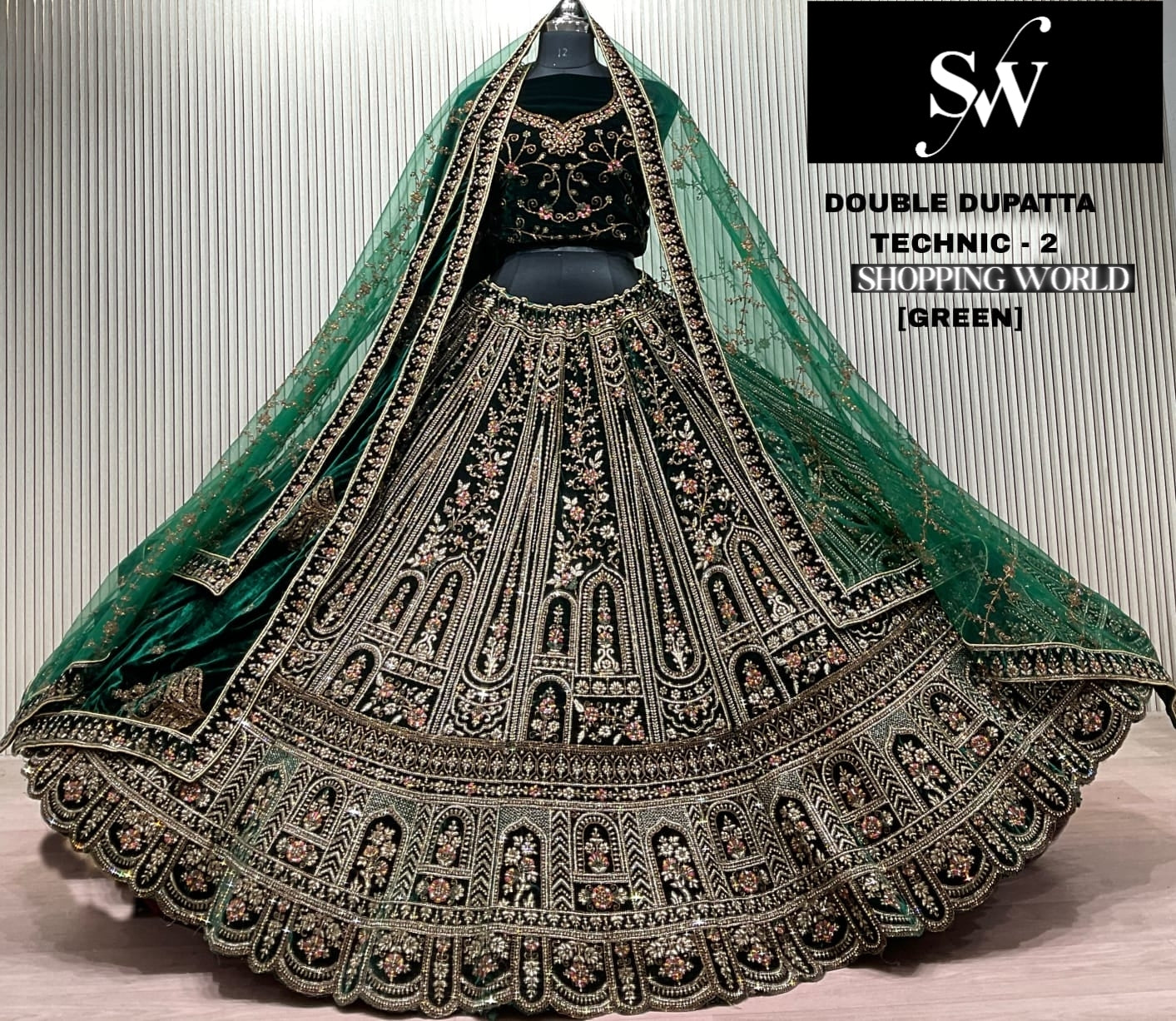 Green Double Dupatta Bridal Lehenga - Shopping World
