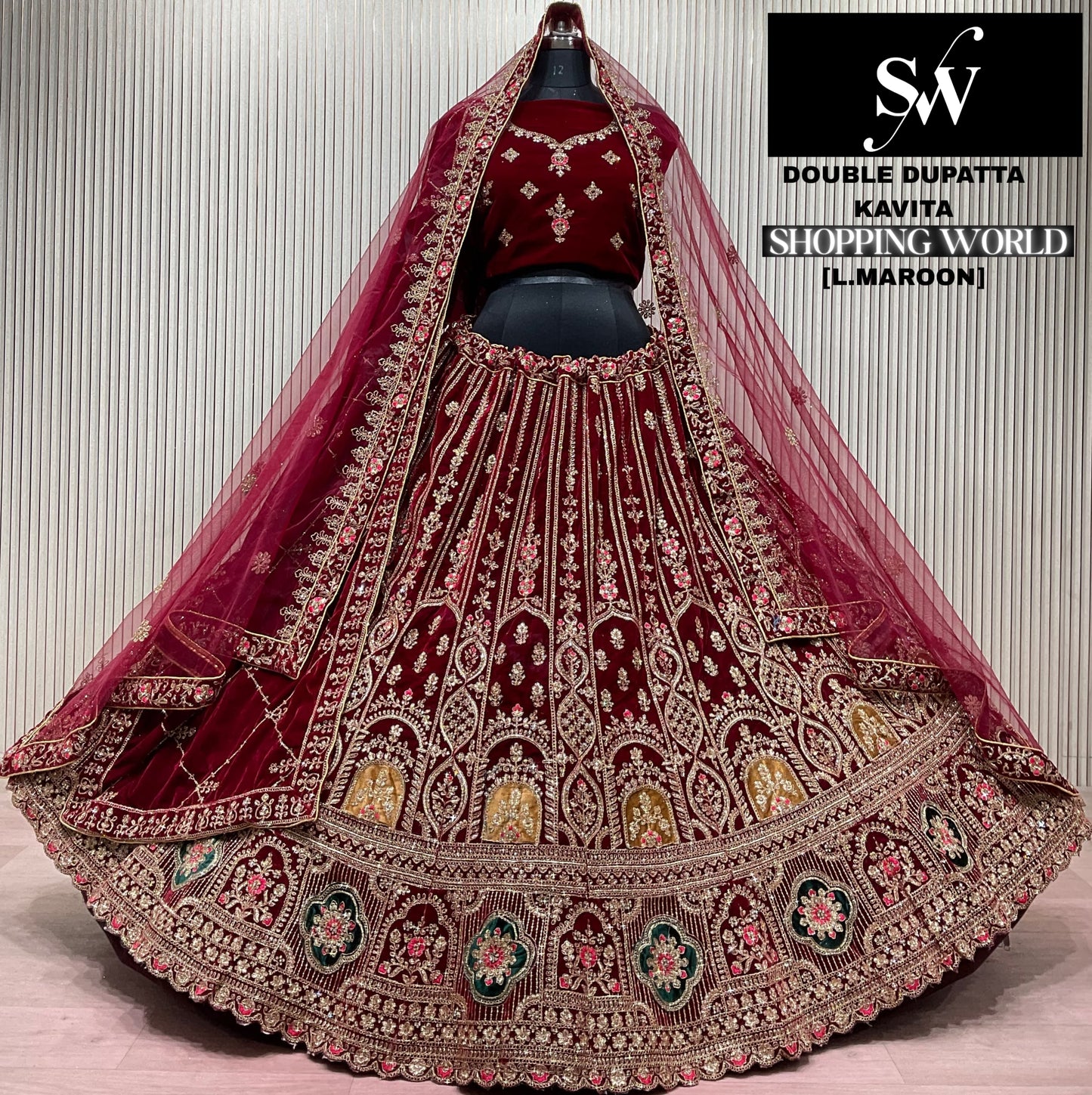 Light Maroon Double Dupatta Bridal Lehenga
