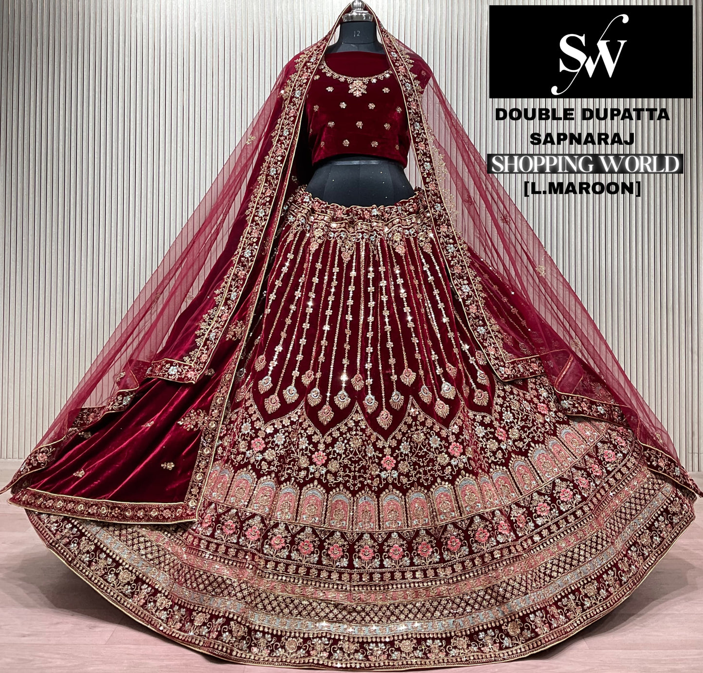 Light Maroon Double Dupatta Bridal Lehenga