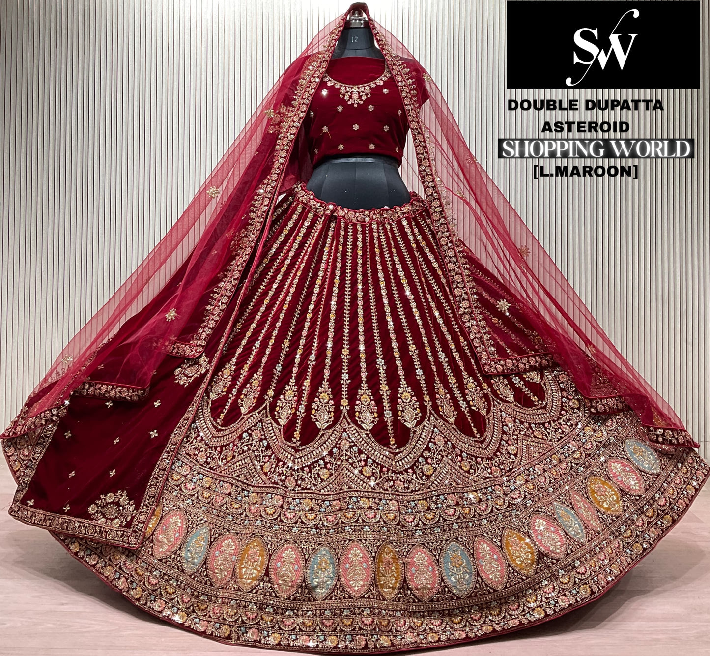 Light Maroon Double Dupatta Bridal Lehenga