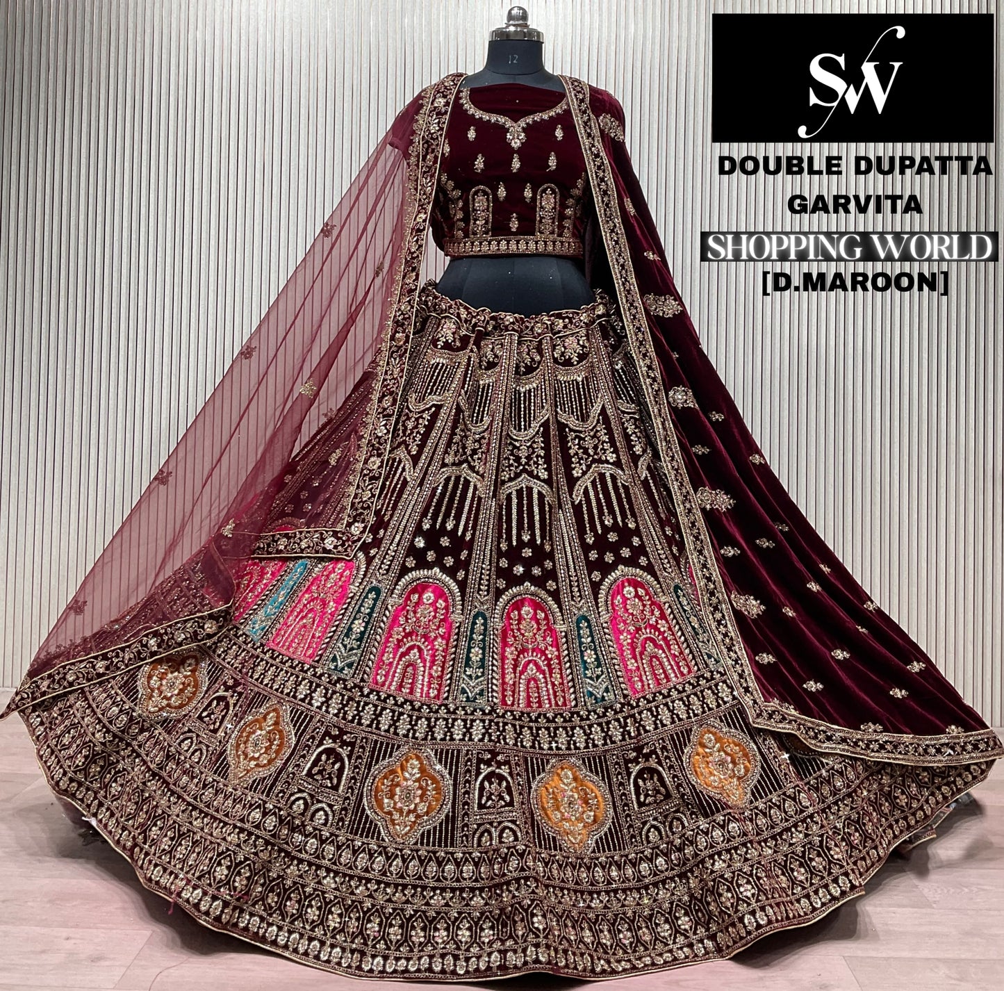 Dark Maroon Double Dupatta Bridal Lehenga