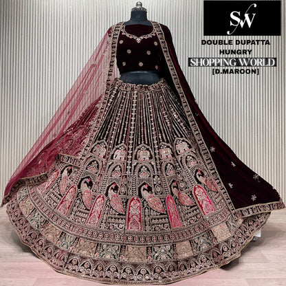 Dark Maroon Peacock Double Dupatta Bridal Lehenga