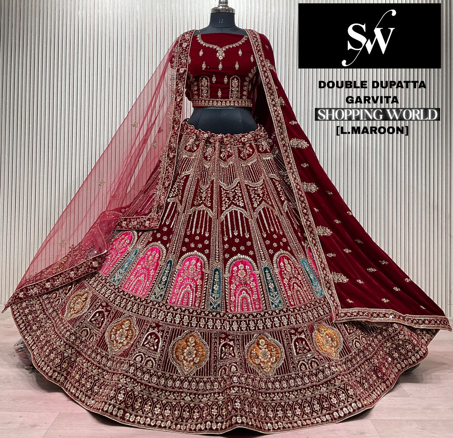 Light Maroon Double Dupatta Bridal Lehenga