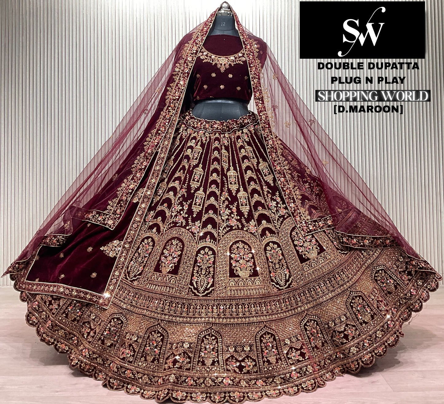Dark Maroon Double Dupatta Bridal Lehenga