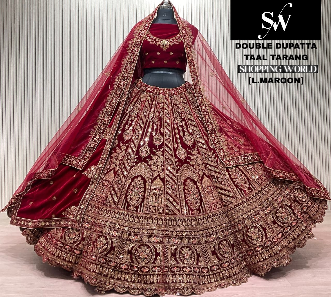 Light Maroon Double Dupatta Bridal Lehenga