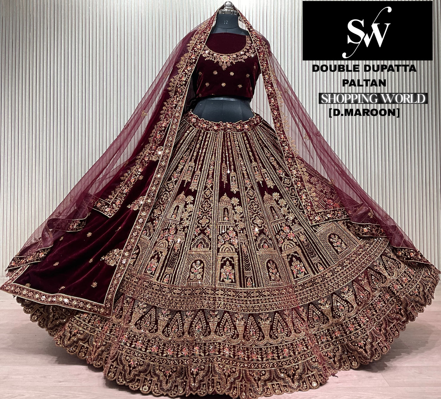 Dark Maroon Double Dupatta Bridal Lehenga