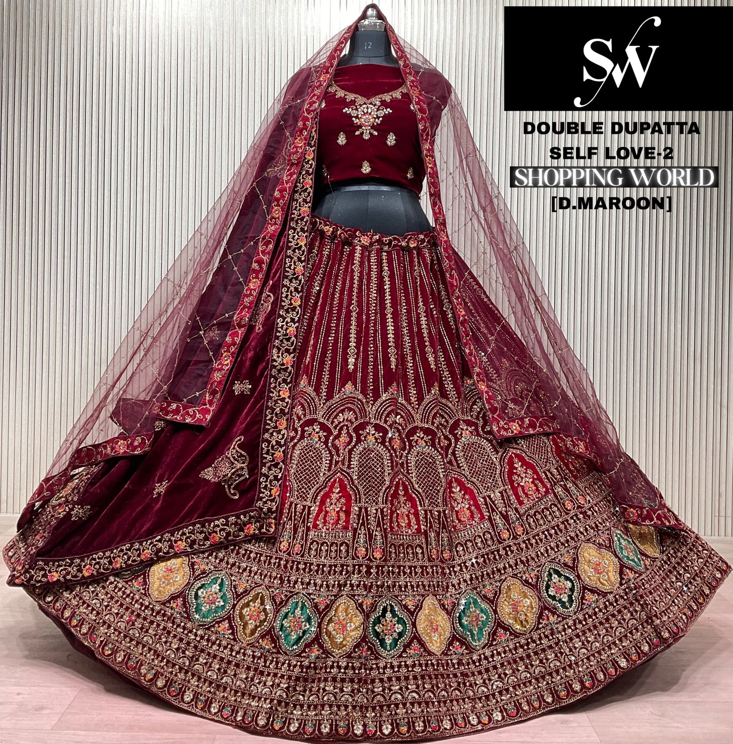 Dark Maroon Double Dupatta Bridal Lehenga
