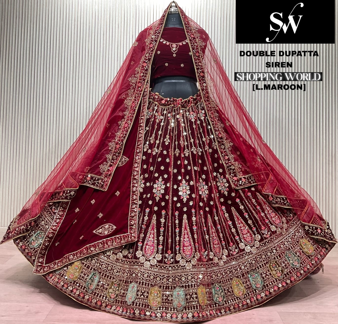 Light Maroon Double Dupatta Bridal Lehenga