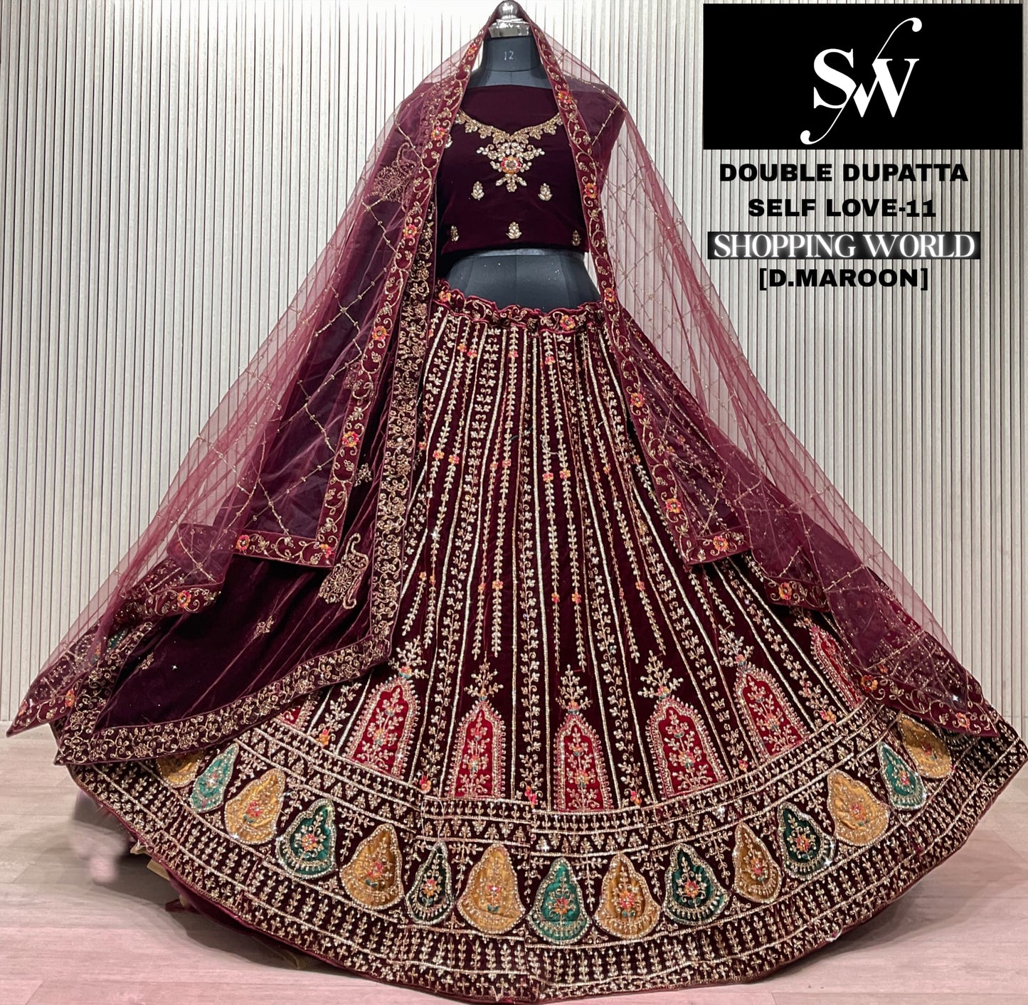 Dark Maroon Double Dupatta Bridal Lehenga