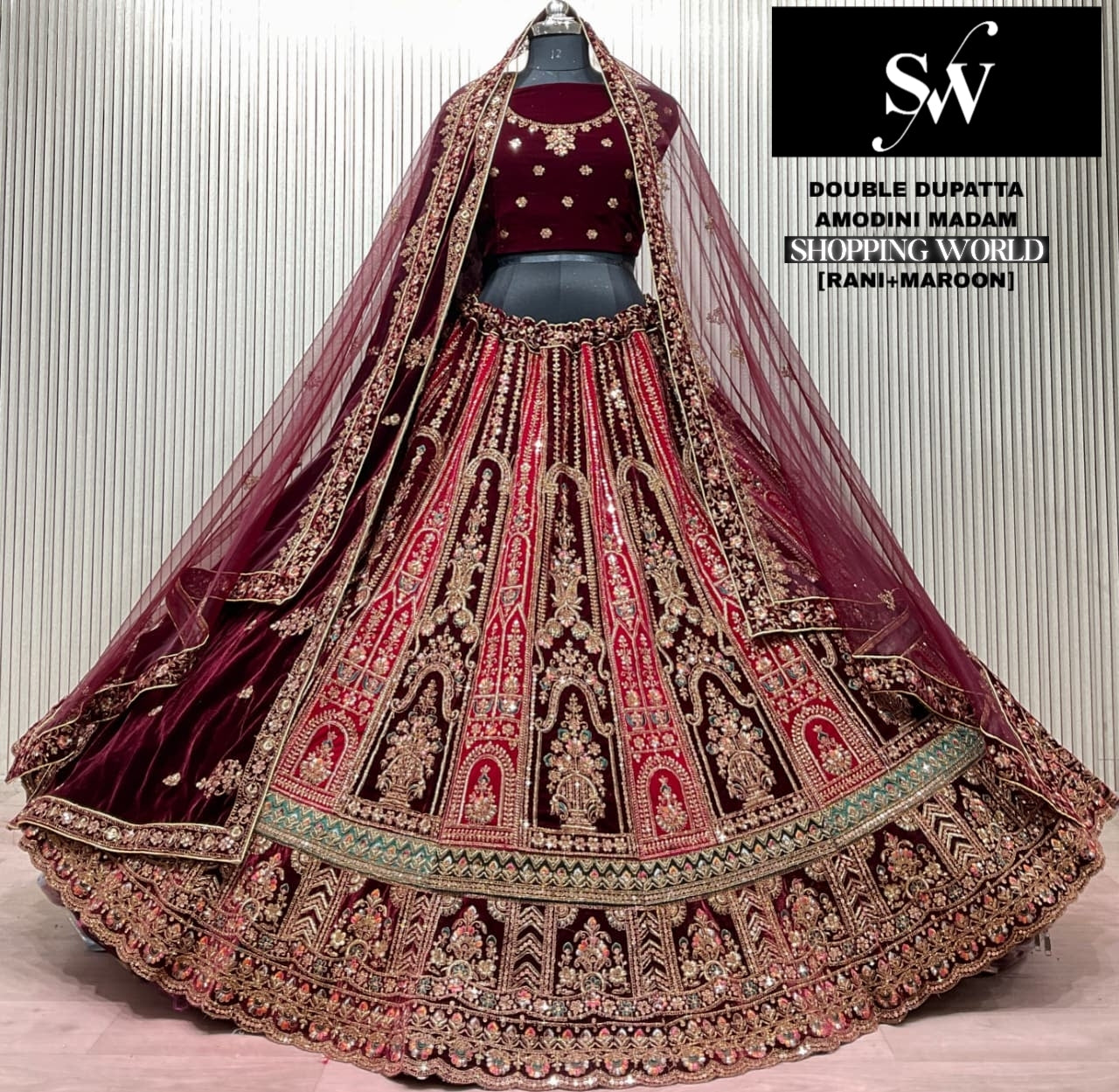 Rani Maroon Double Dupatta Bridal Lehenga