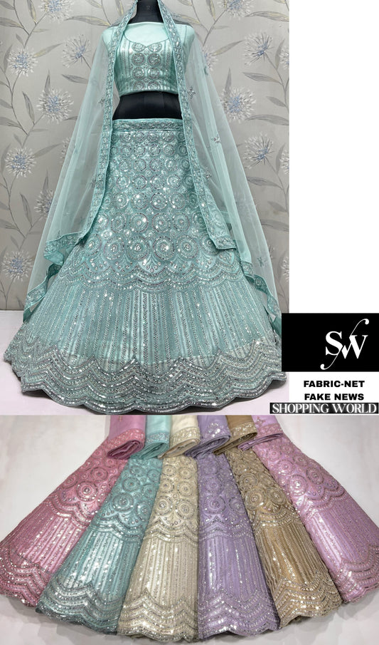 Blue Pink Golden Lavender Net Lehenga