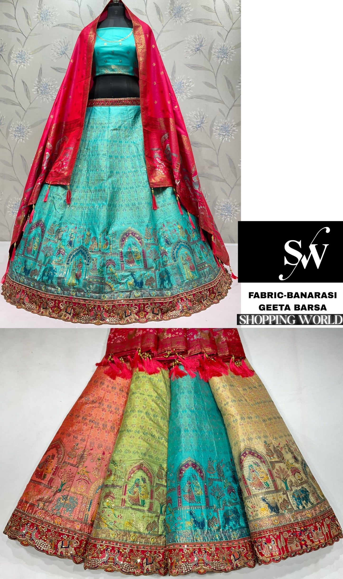 Green Peach Blue Golden Banarasi Lehenga