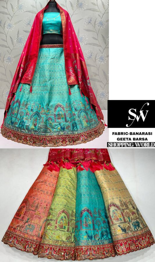 Green Peach Blue Golden Banarasi Lehenga