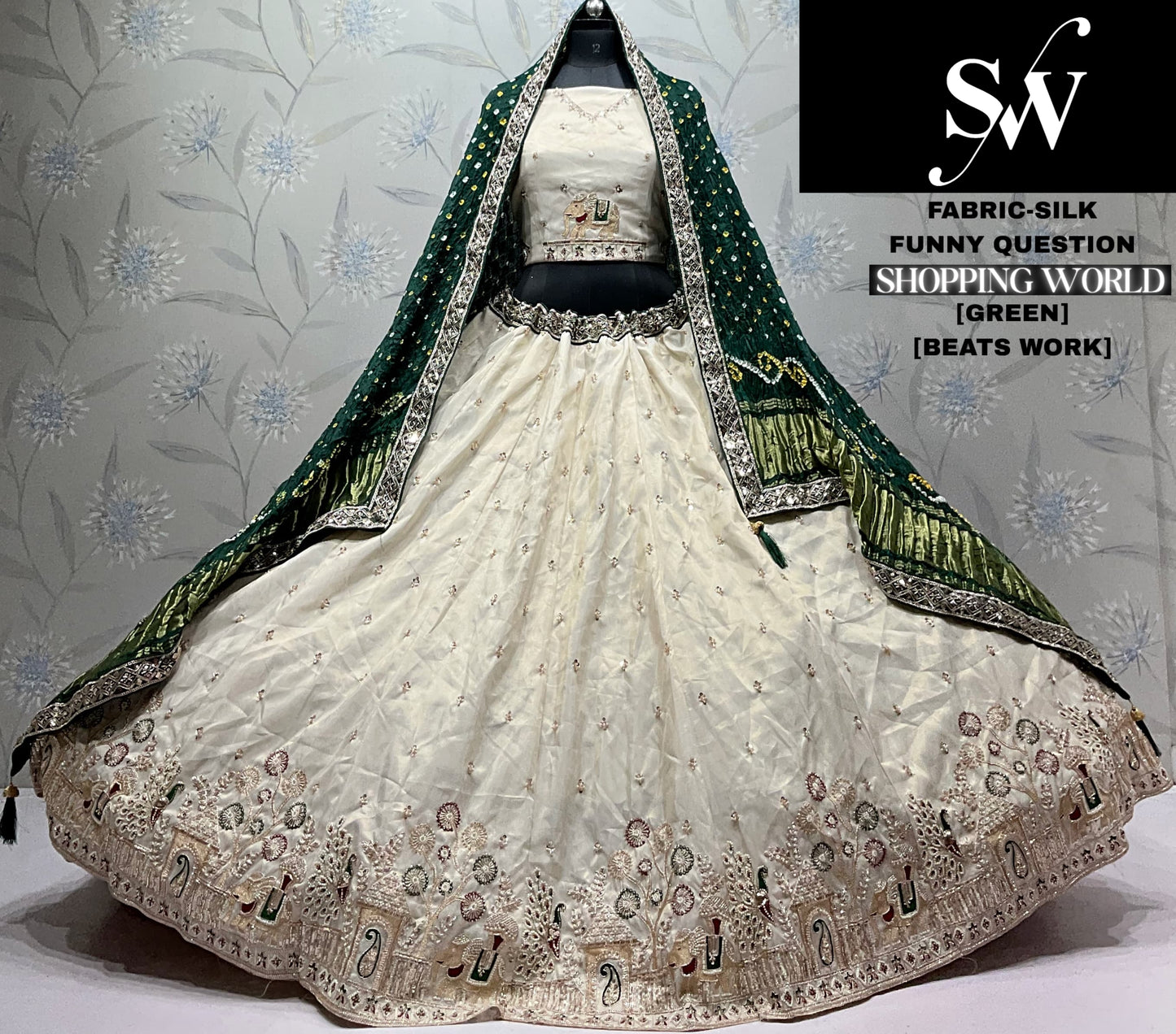 Green white Silk Lehenga