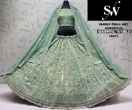 Green Twill Net Lehenga
