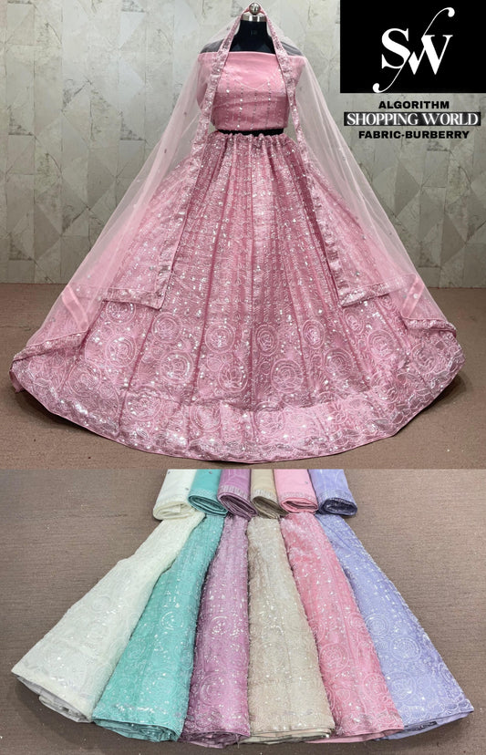 Pink White Lavender Golden Blue Burberry Lehenga