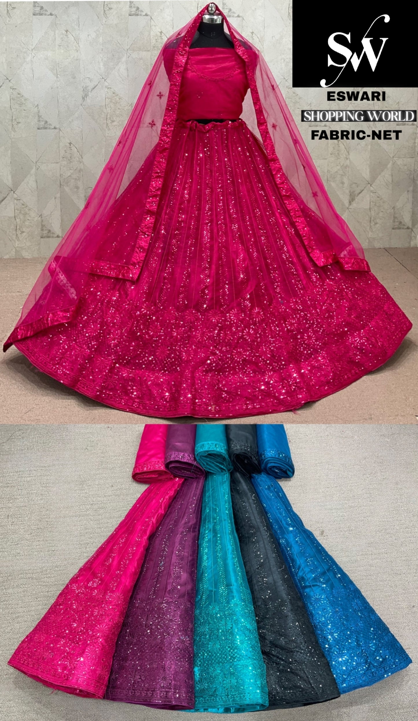 Hot pink Blue Purple Green Black Net Lehenga