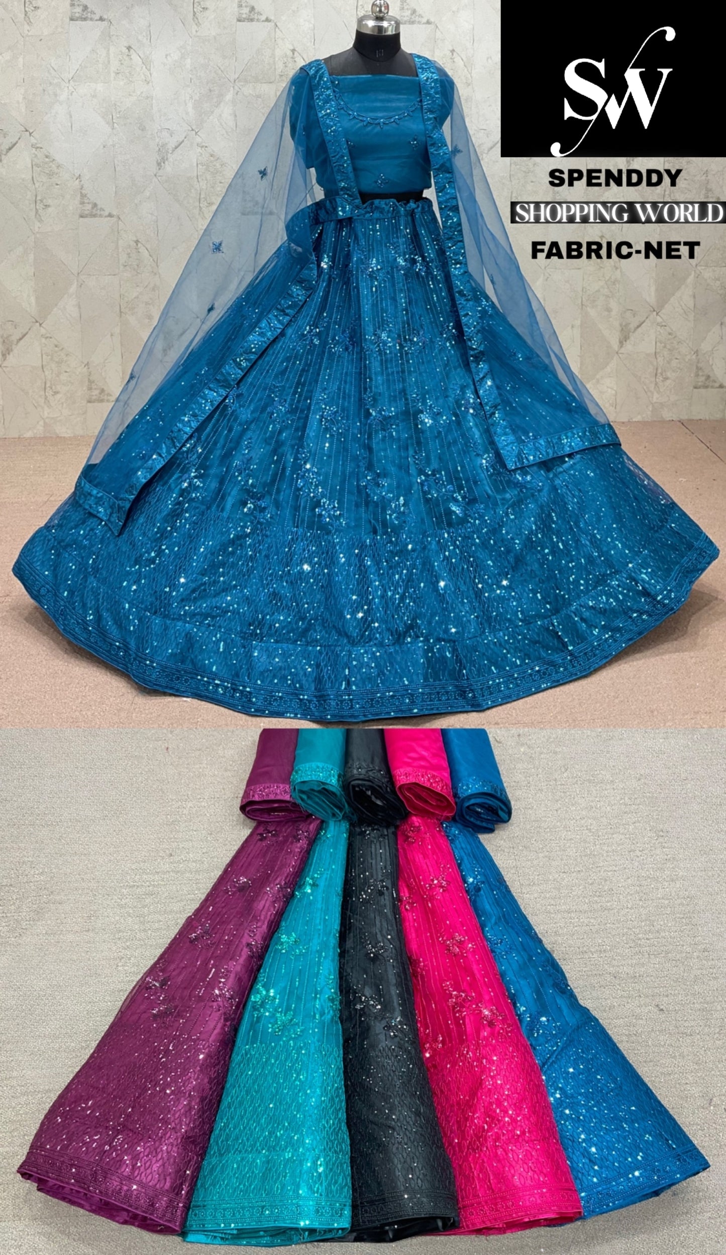 Blue Purple Green Black Hot pink Net Lehenga