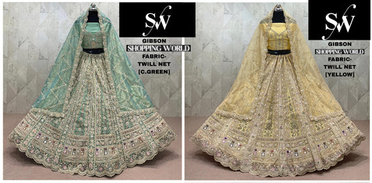Green Golden Yellow Twill Net Lehenga