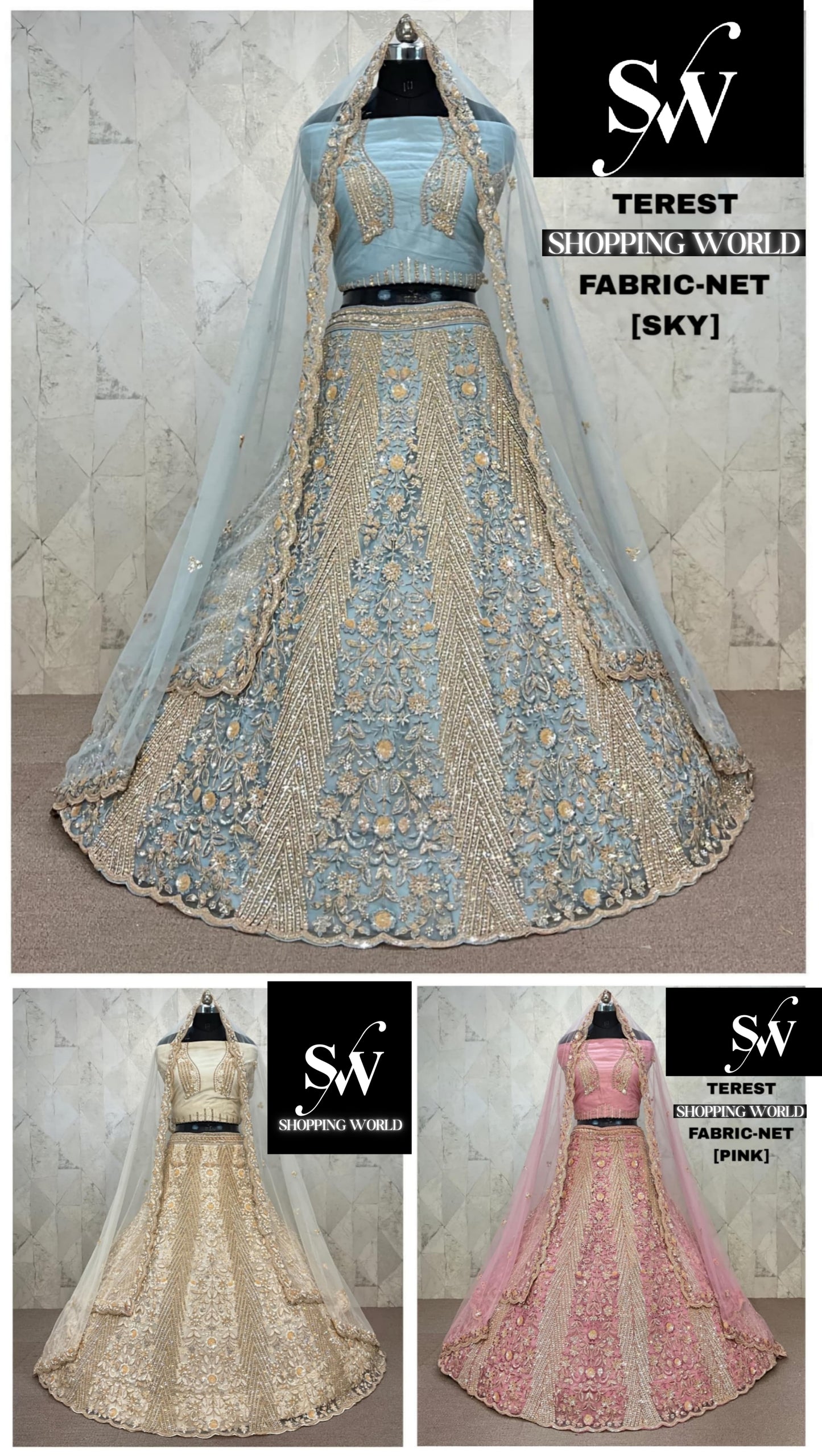 Sky Blue Chiku golden Pink Net Lehenga