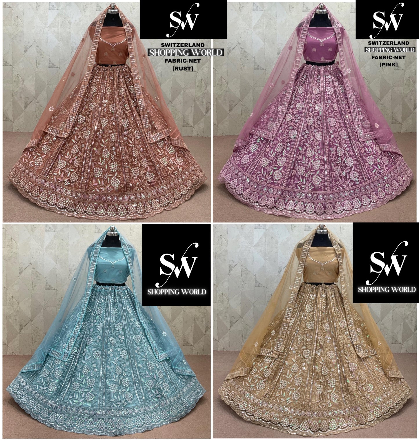 रस्ट ब्राउन पिंक स्काई ब्लू चीकू गोल्डन नेट लहंगा