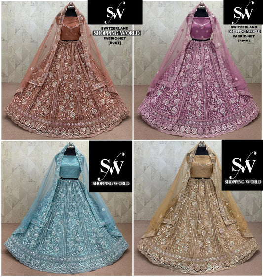 Rust Brown Pink Sky Blue Chiku golden Net Lehenga