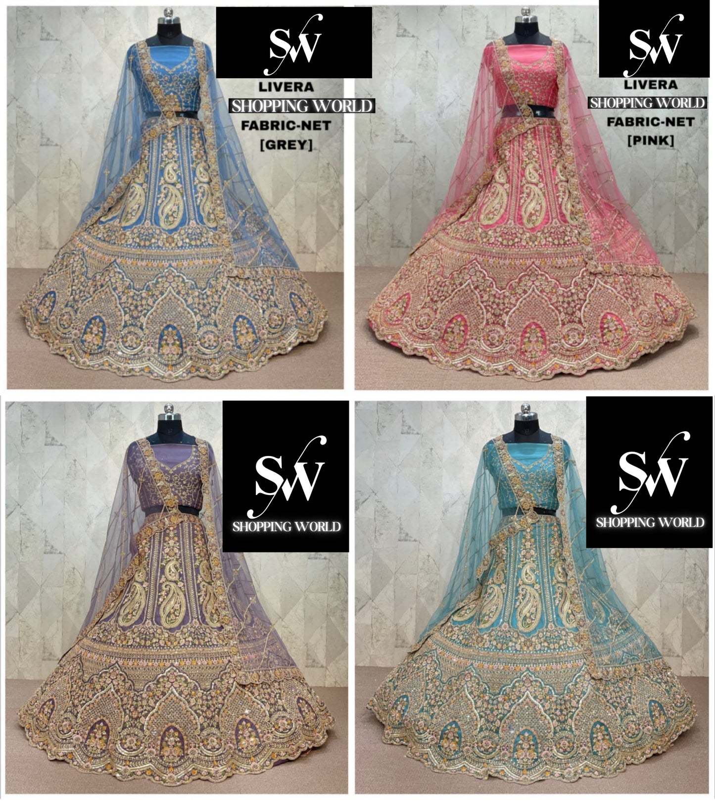 Grey Blue Pink Lavender Sky Blue Net Lehenga