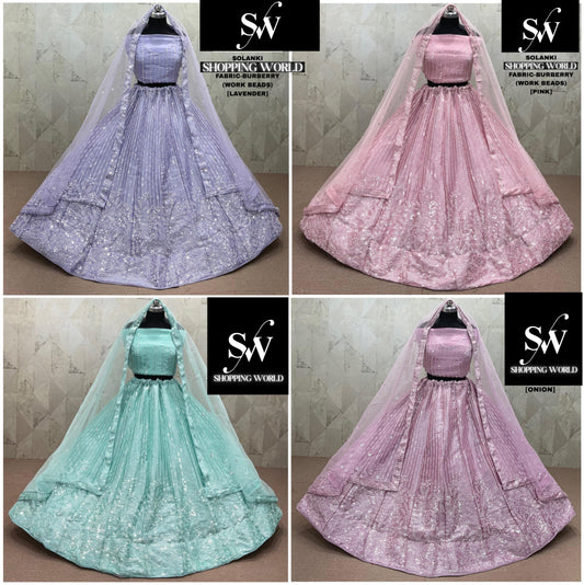 green Lavender Pink Onion pink Net Lehenga