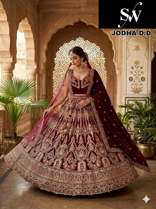 Dark Maroon Velvet Double Dupatta Bridal Lehenga