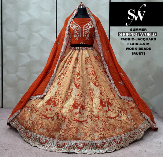 Rust Orange Jacquard Lehenga