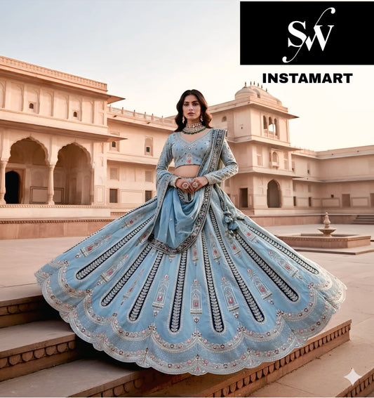 Sky Blue Pista green Rust orange pink Marry Gold Lehenga