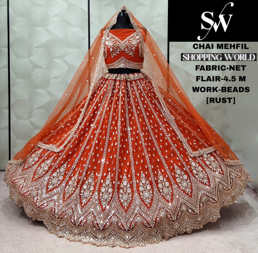Rust Orange Net Lehenga