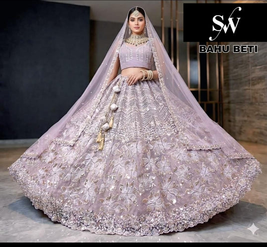 Pink Sky Blue Chiku golden Lavender Net Lehenga