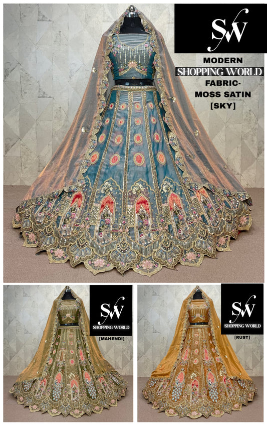 Sky Blue Mehendi Green Rust Orange Moss Satin Lehenga